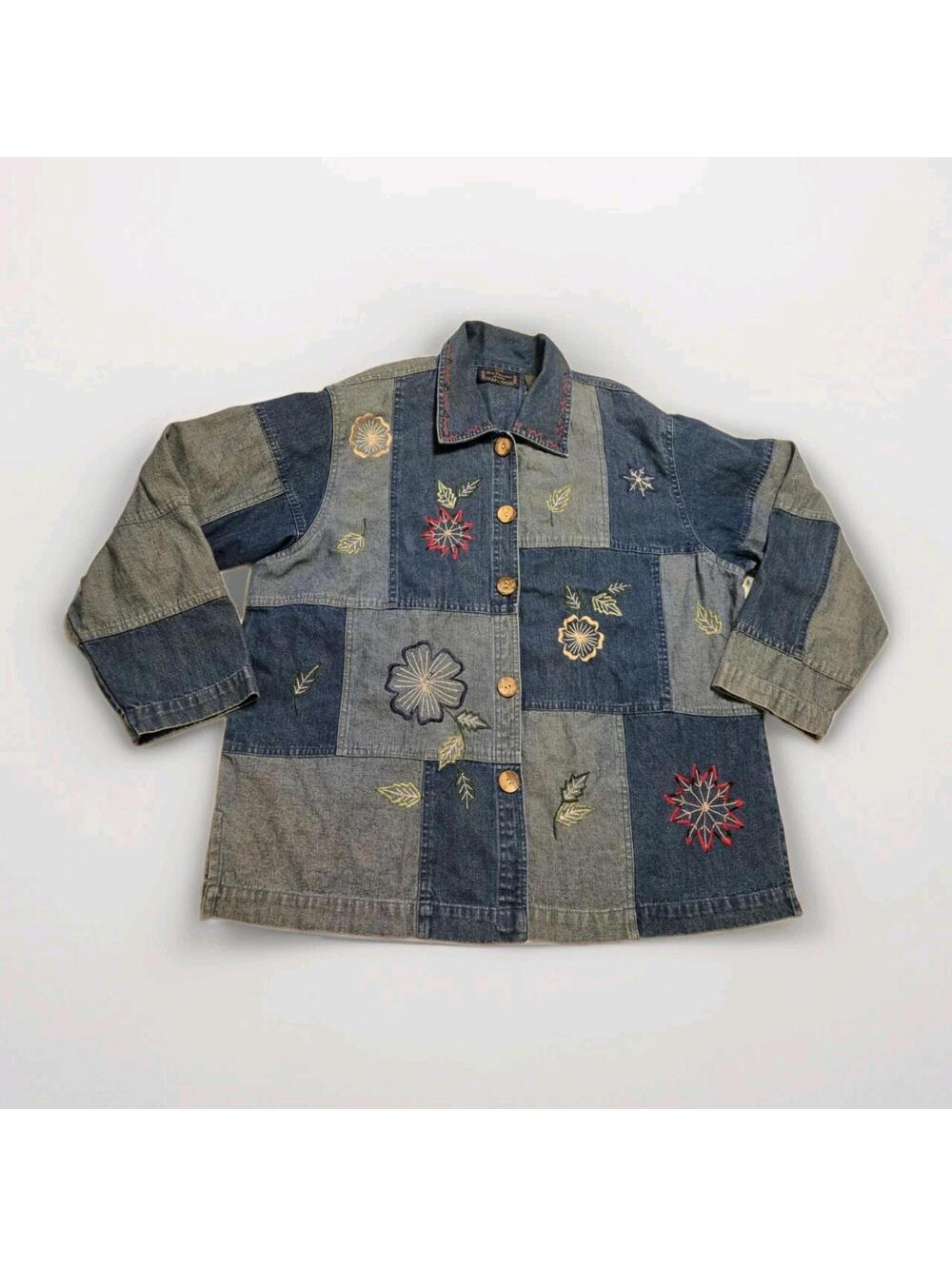 Vtg Womens Patchwork Leaves Embroidered Button Jean Jacket Size 2X New Direction